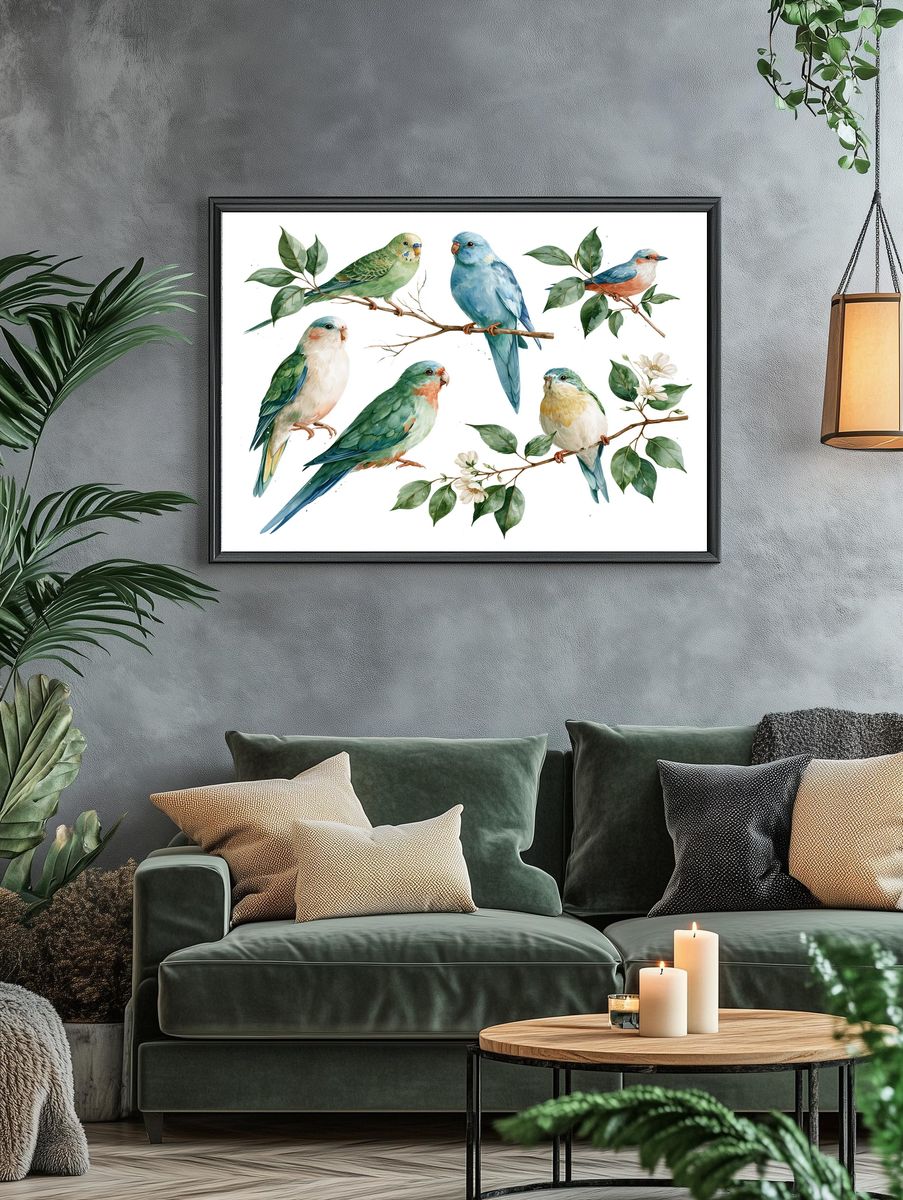 Watercolor Parrots and Branches Print. — room view 4
