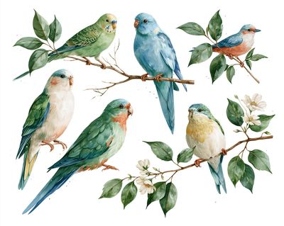 Watercolor Parrots and Branches Print.