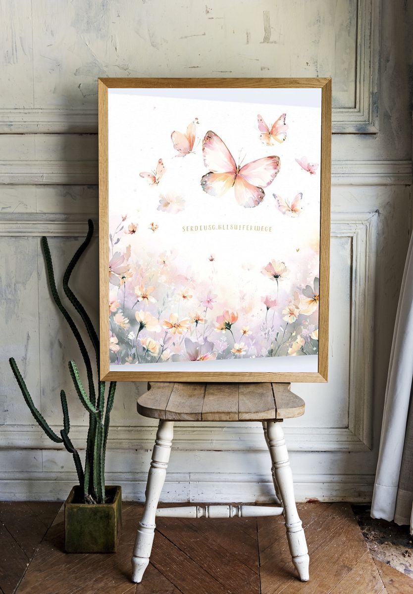 Pastel Butterfly Meadow Print. room preview