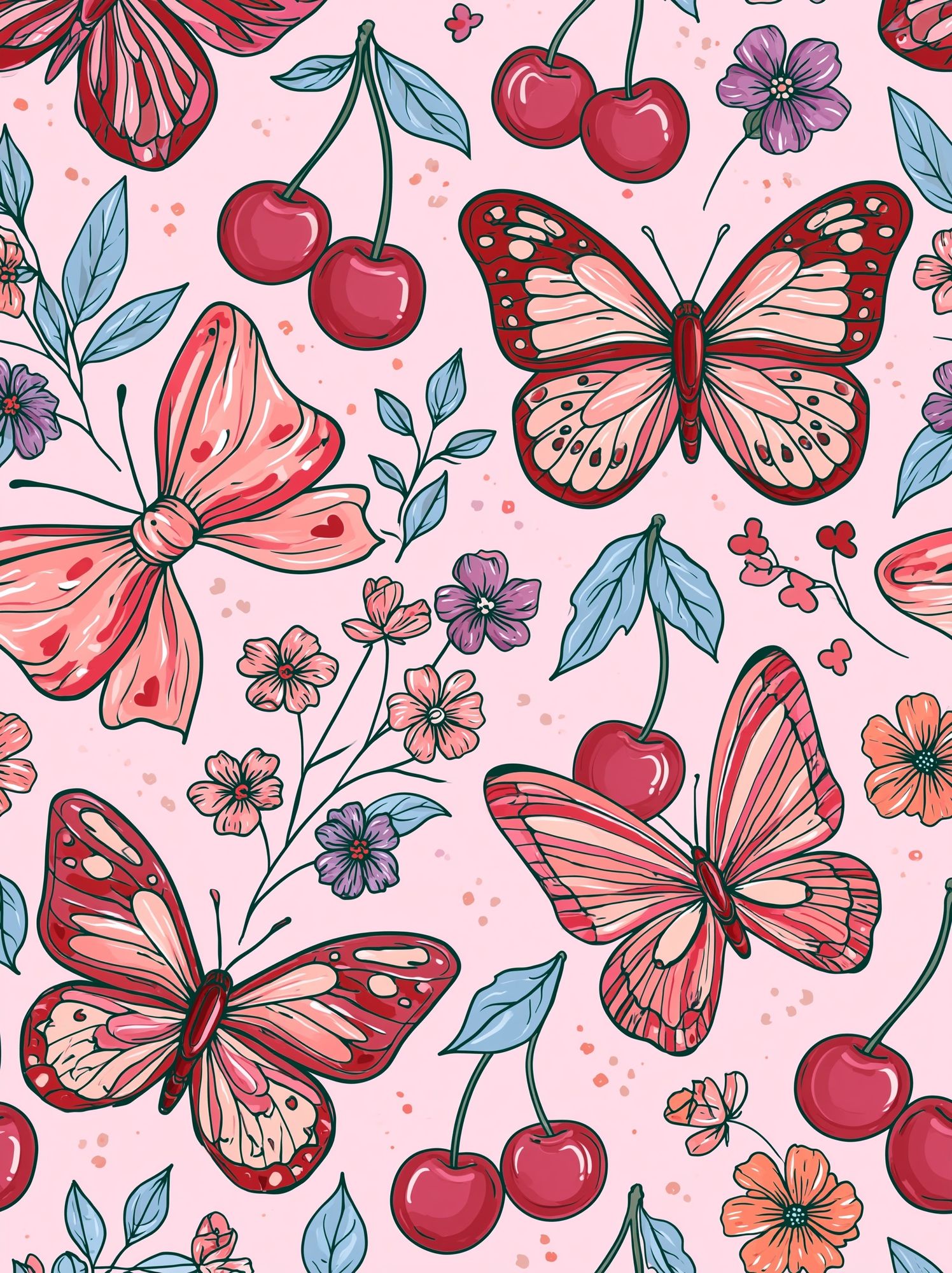 Cherry Butterfly Floral Print. poster detail