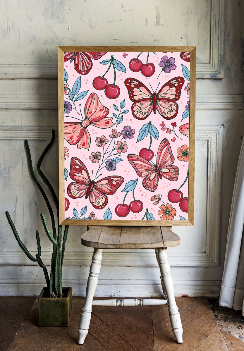 Cherry Butterfly Floral Print. room preview