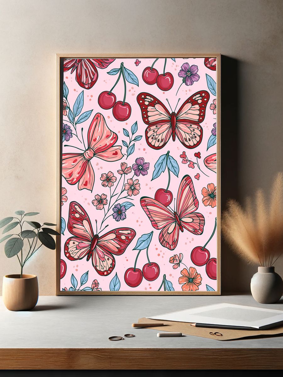 Cherry Butterfly Floral Print. — room view 2