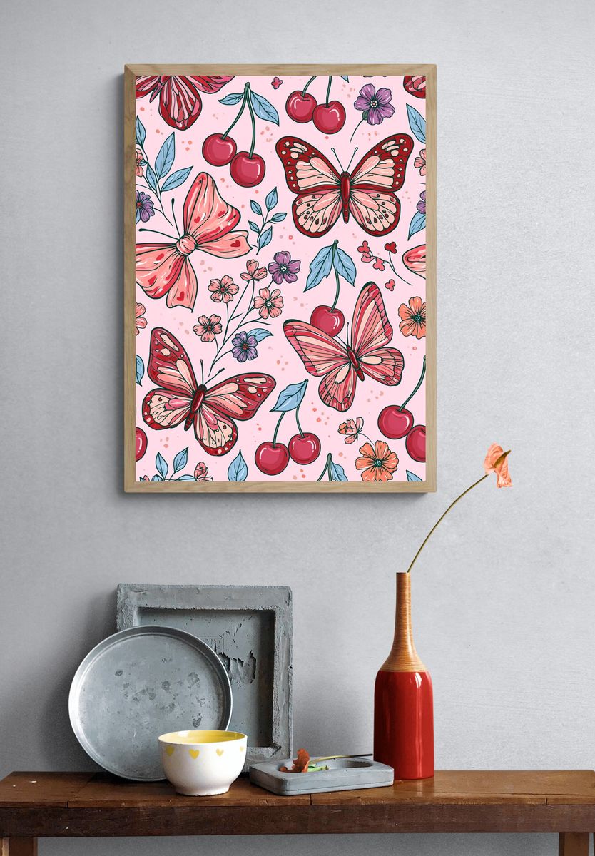 Cherry Butterfly Floral Print. — room view 3