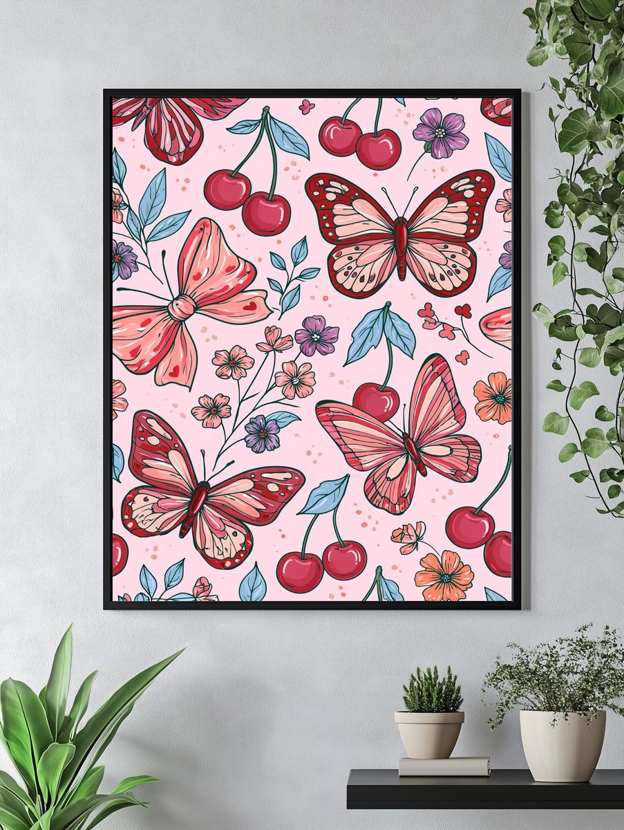 Cherry Butterfly Floral Print. — room view 4