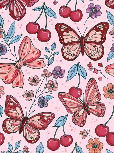Cherry Butterfly Floral Print.