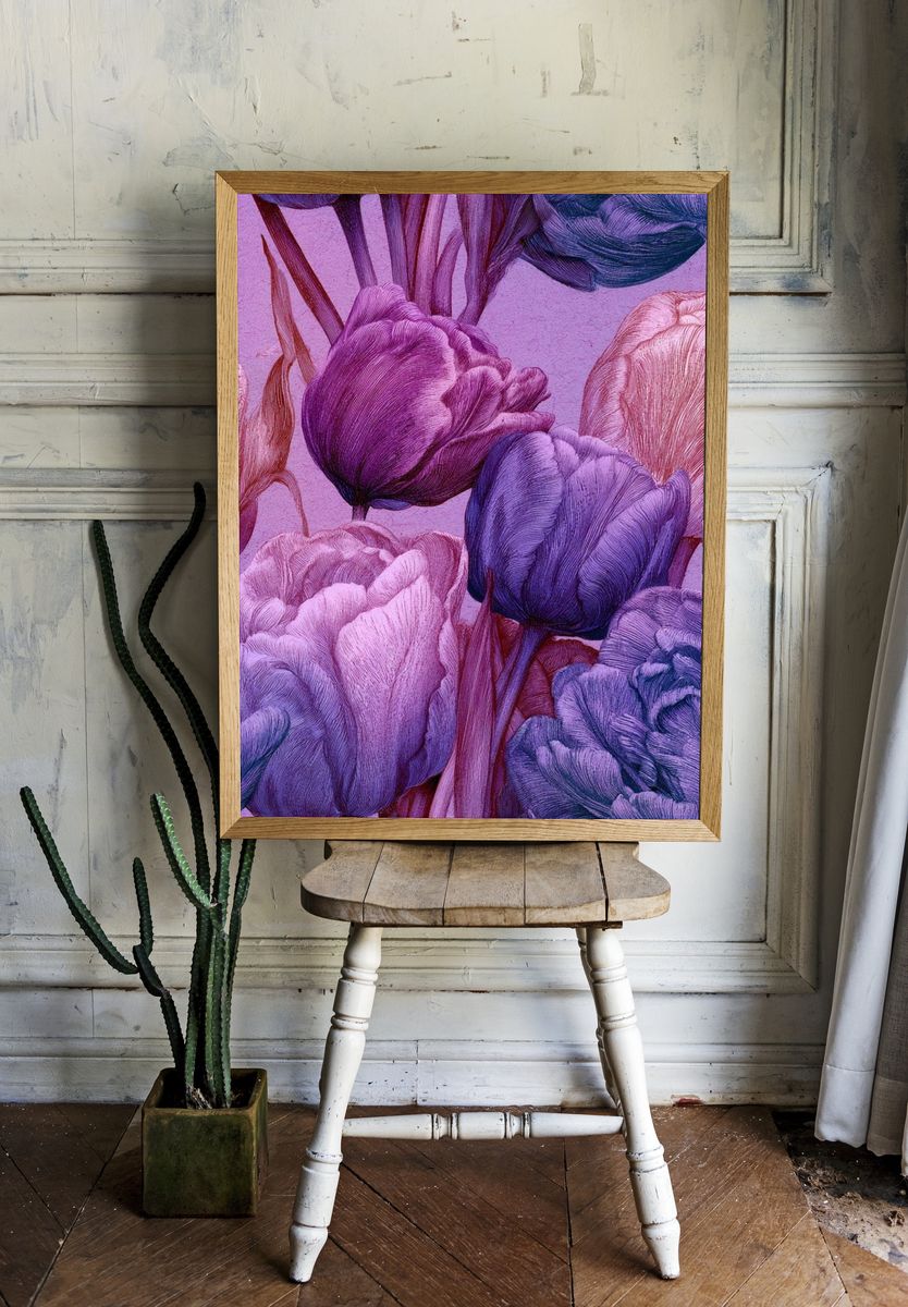 Purple Tulip Bloom Botanical Print. room preview