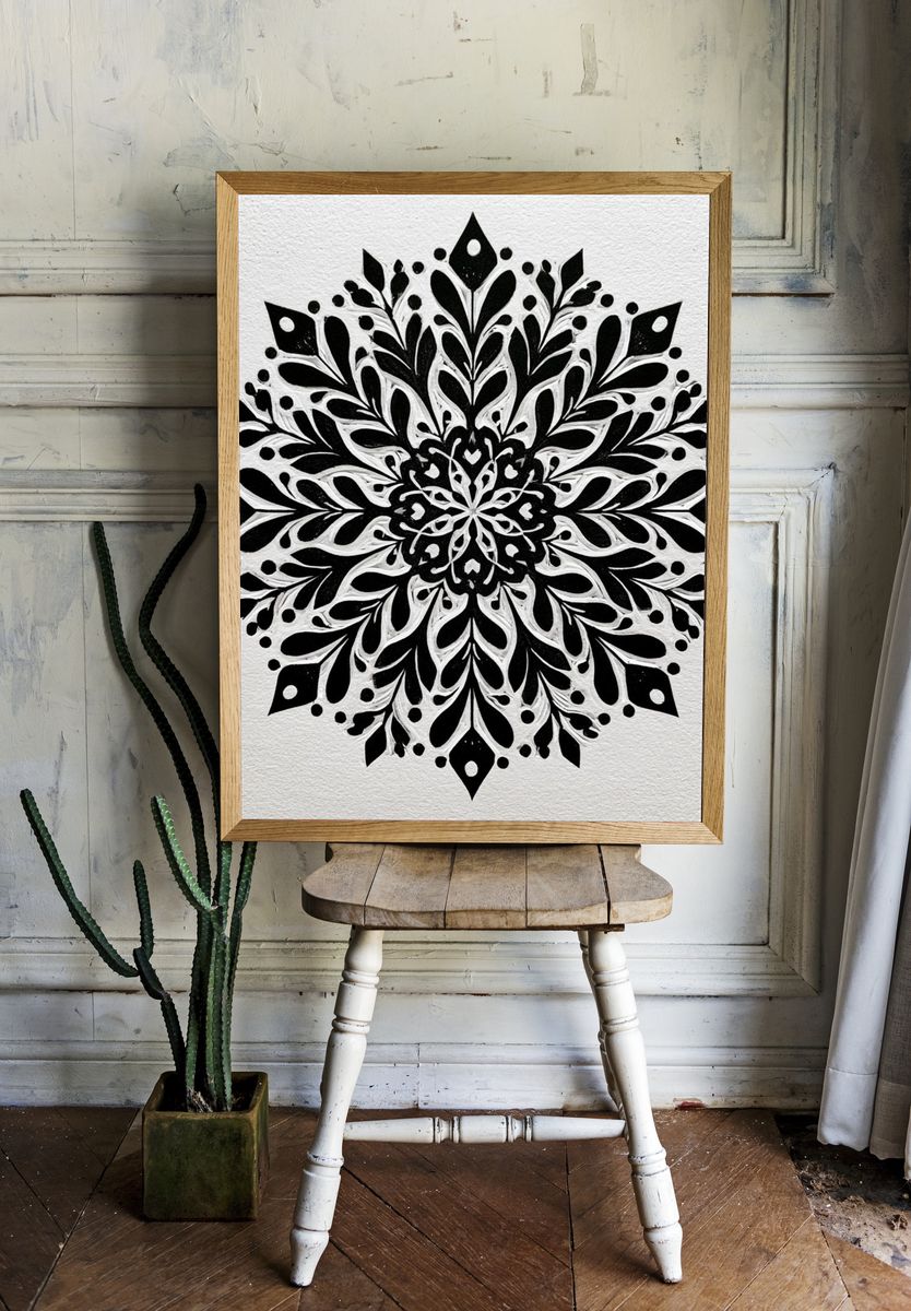 Black Floral Mandala Print. room preview
