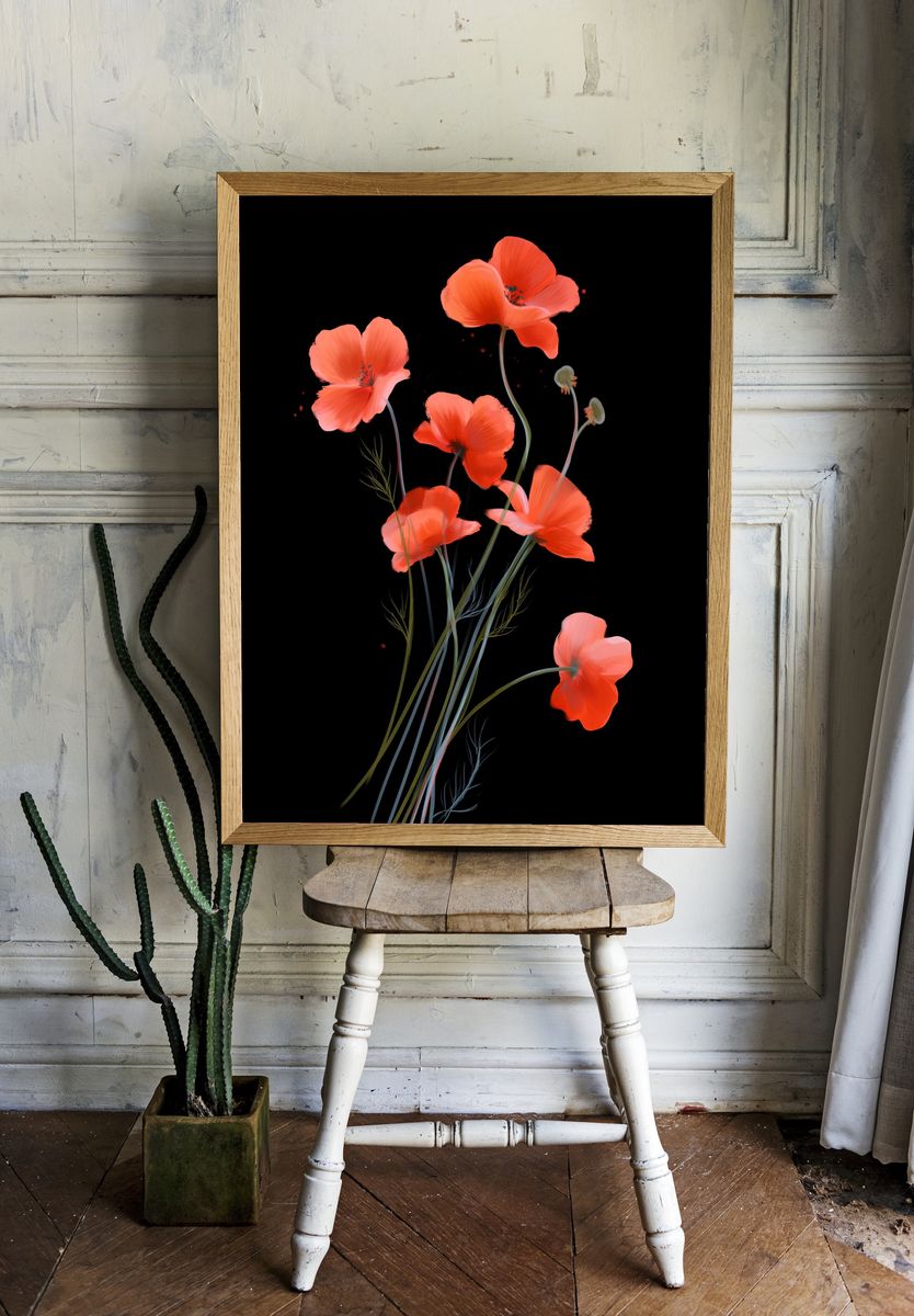 Coral Poppy Bloom Print. room preview