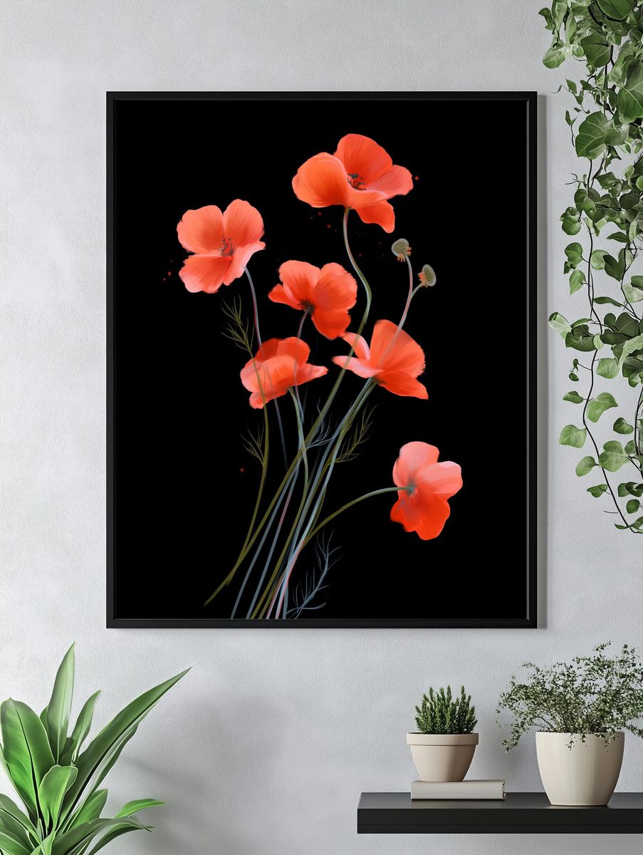 Coral Poppy Bloom Print. — room view 4