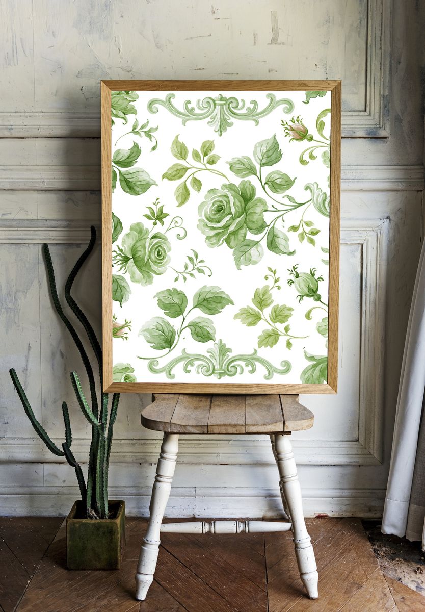 Green Floral Toile Pattern Poster. — room view 1