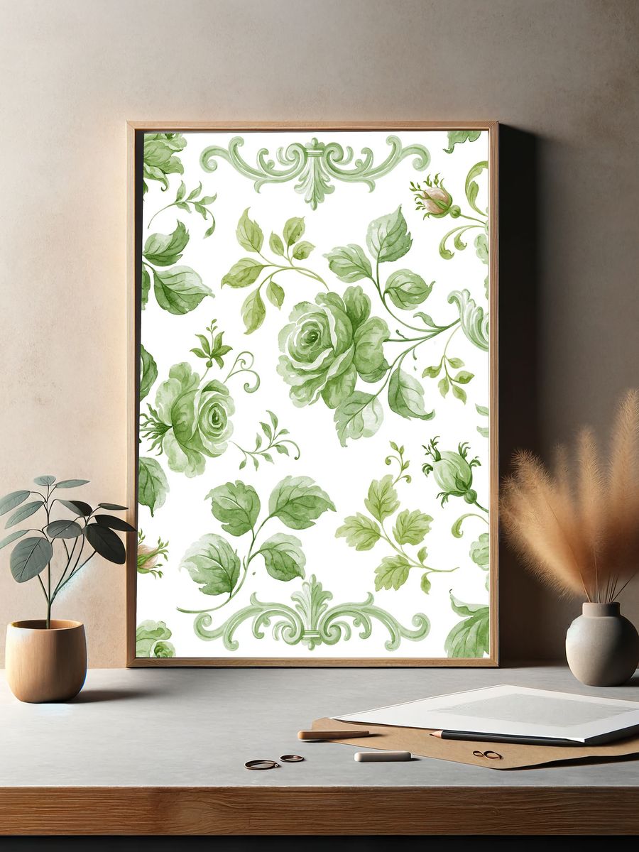 Green Floral Toile Pattern Poster. — room view 2