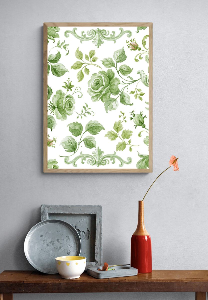 Green Floral Toile Pattern Poster. — room view 3