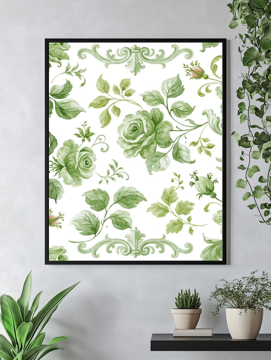 Green Floral Toile Pattern Poster. — room view 4