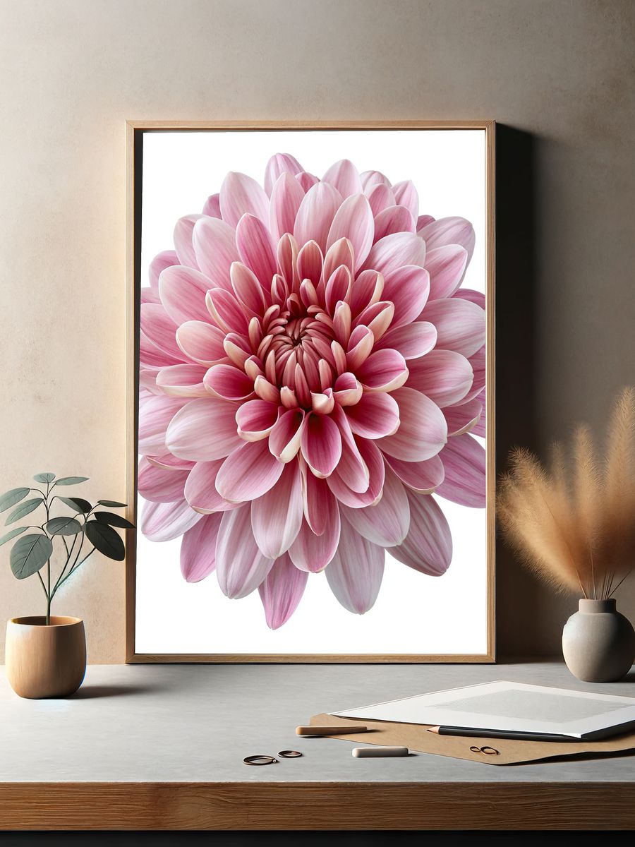 Pink Dahlia Bloom Botanical Print. — room view 2