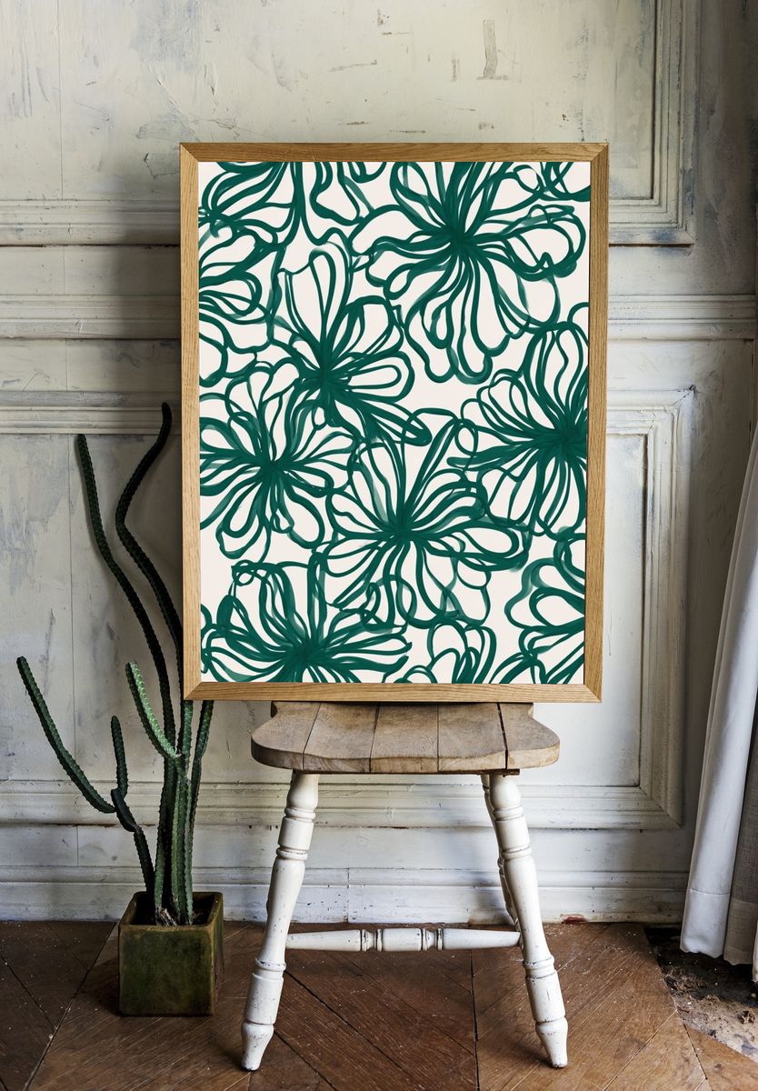 Teal Floral Line Art Poster. — room view 1