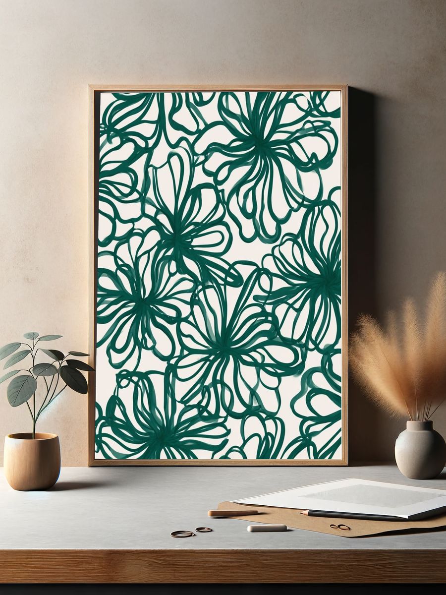 Teal Floral Line Art Poster. — room view 2