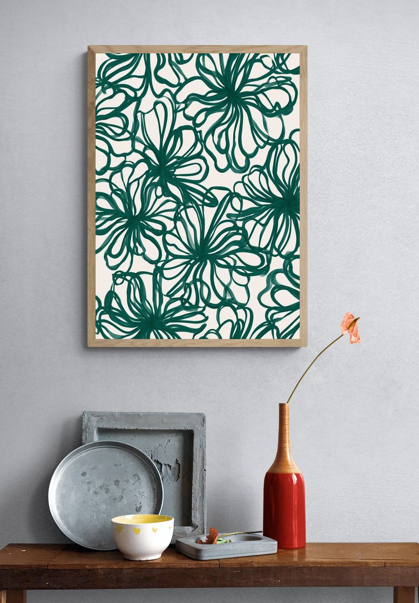Teal Floral Line Art Poster. — room view 3
