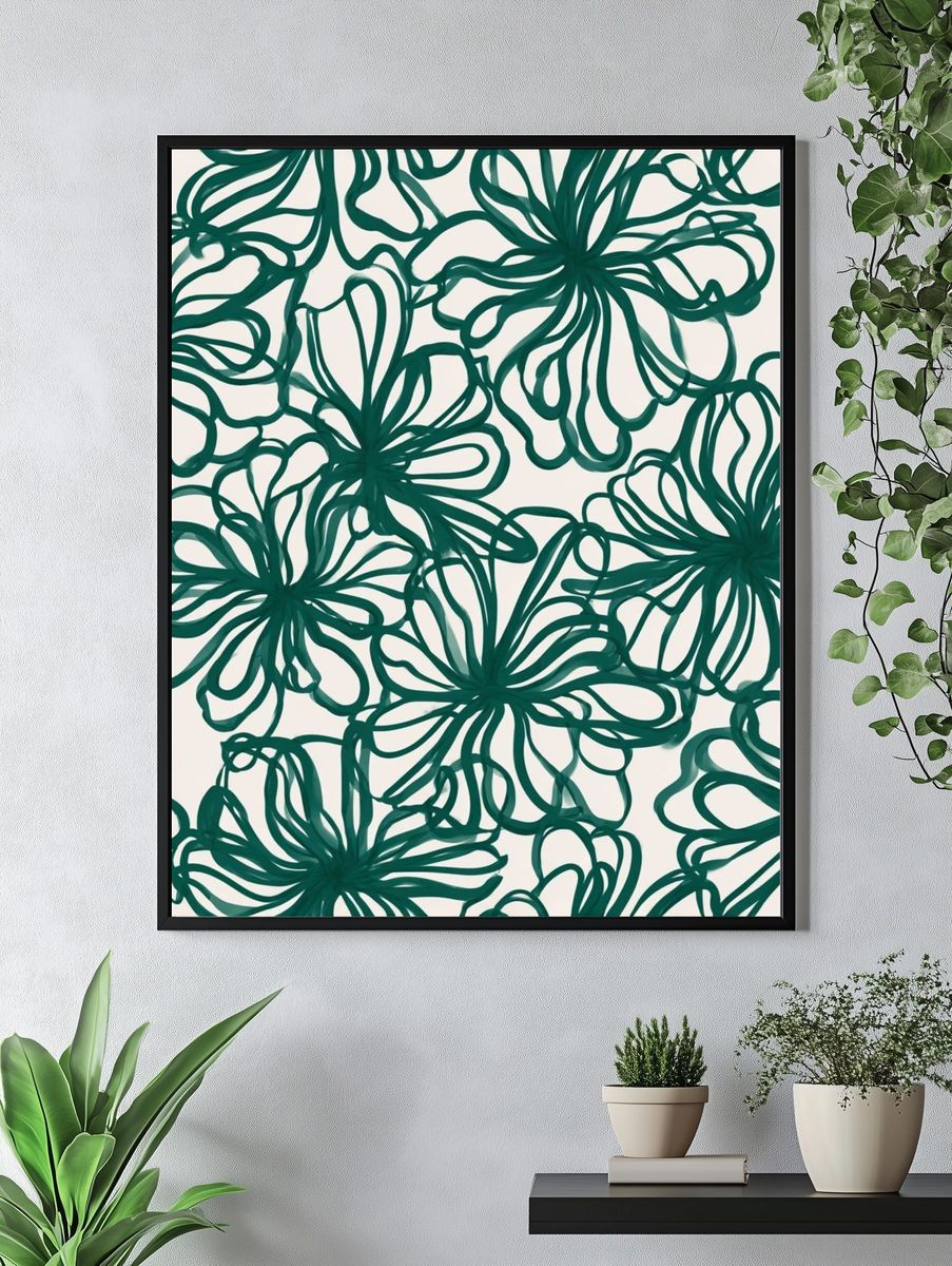 Teal Floral Line Art Poster. — room view 4