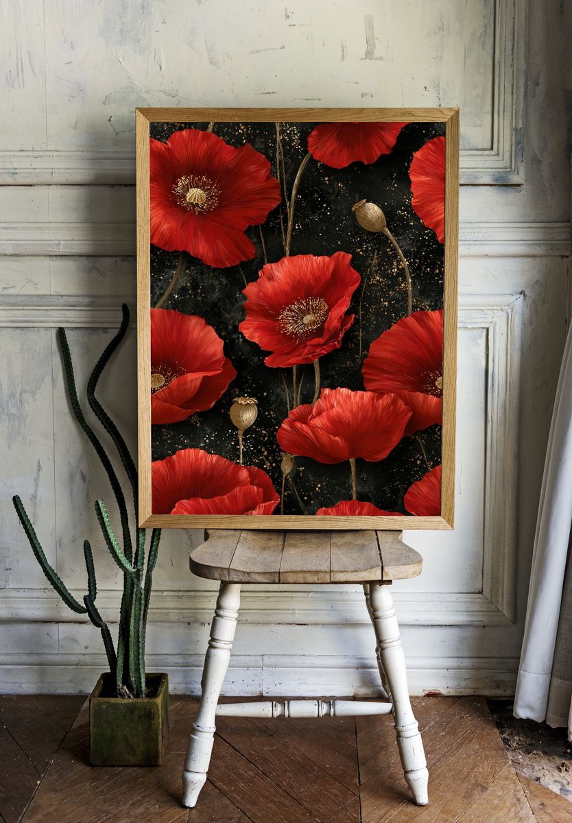 Red Poppy Bloom Botanical Print. room preview