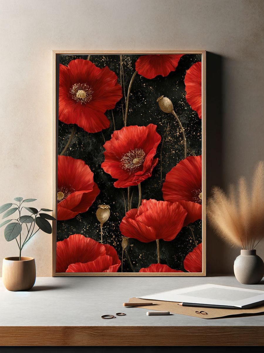 Red Poppy Bloom Botanical Print. — room view 2