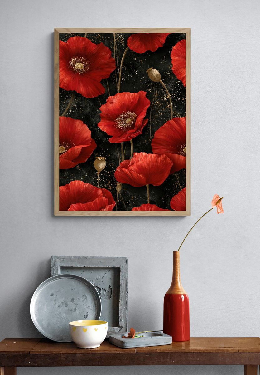 Red Poppy Bloom Botanical Print. — room view 3