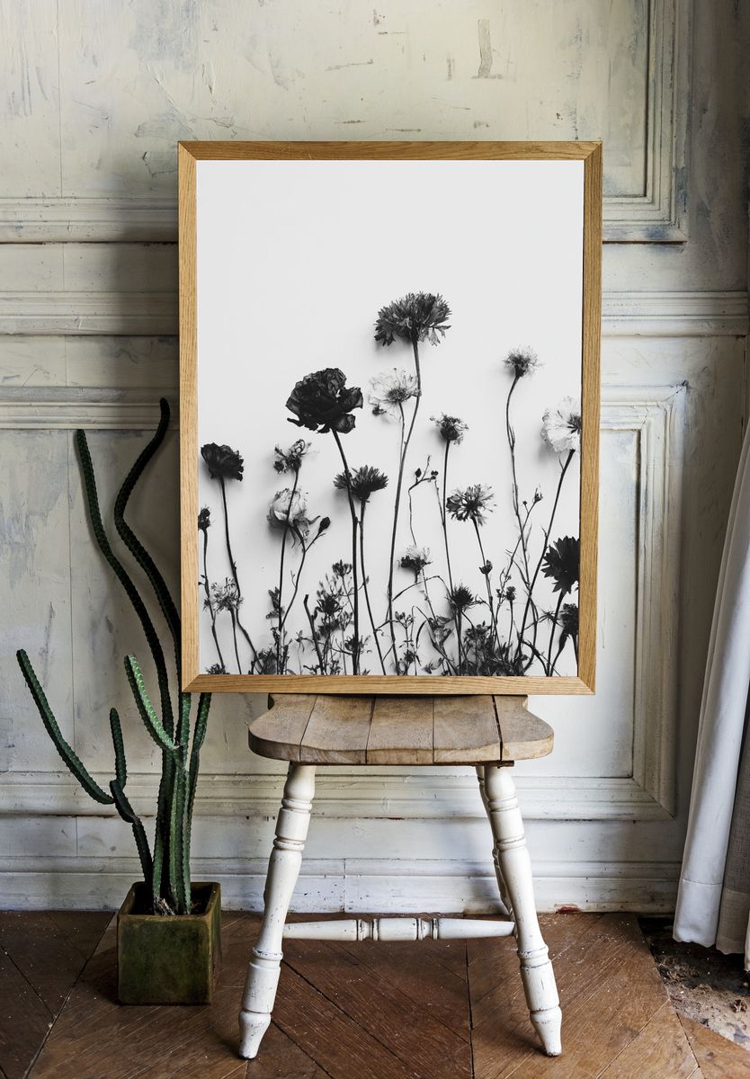 Pressed Wildflowers Black-White Print. room preview