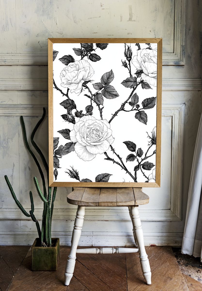 Black Rose Botanical Print. room preview