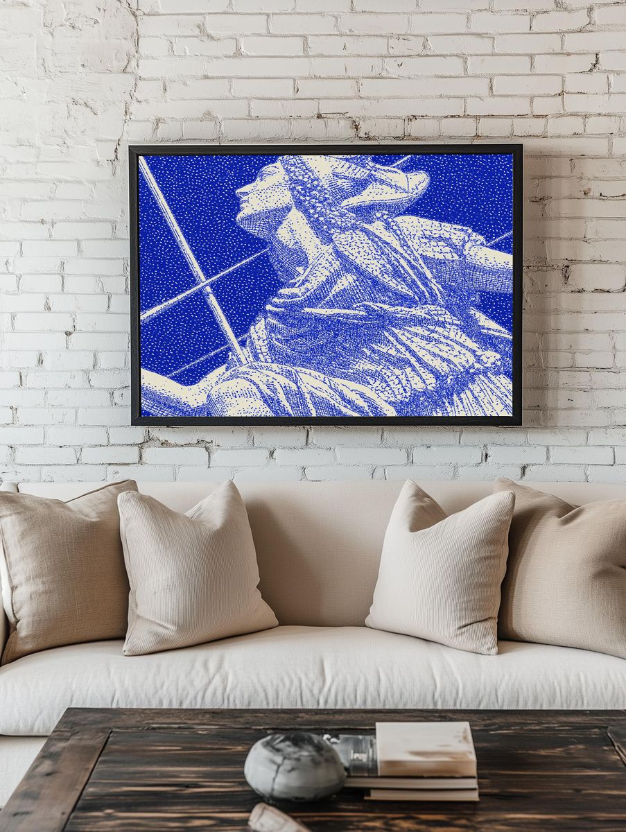 Blue Floral Halftone Illustration Poster. — room view 1