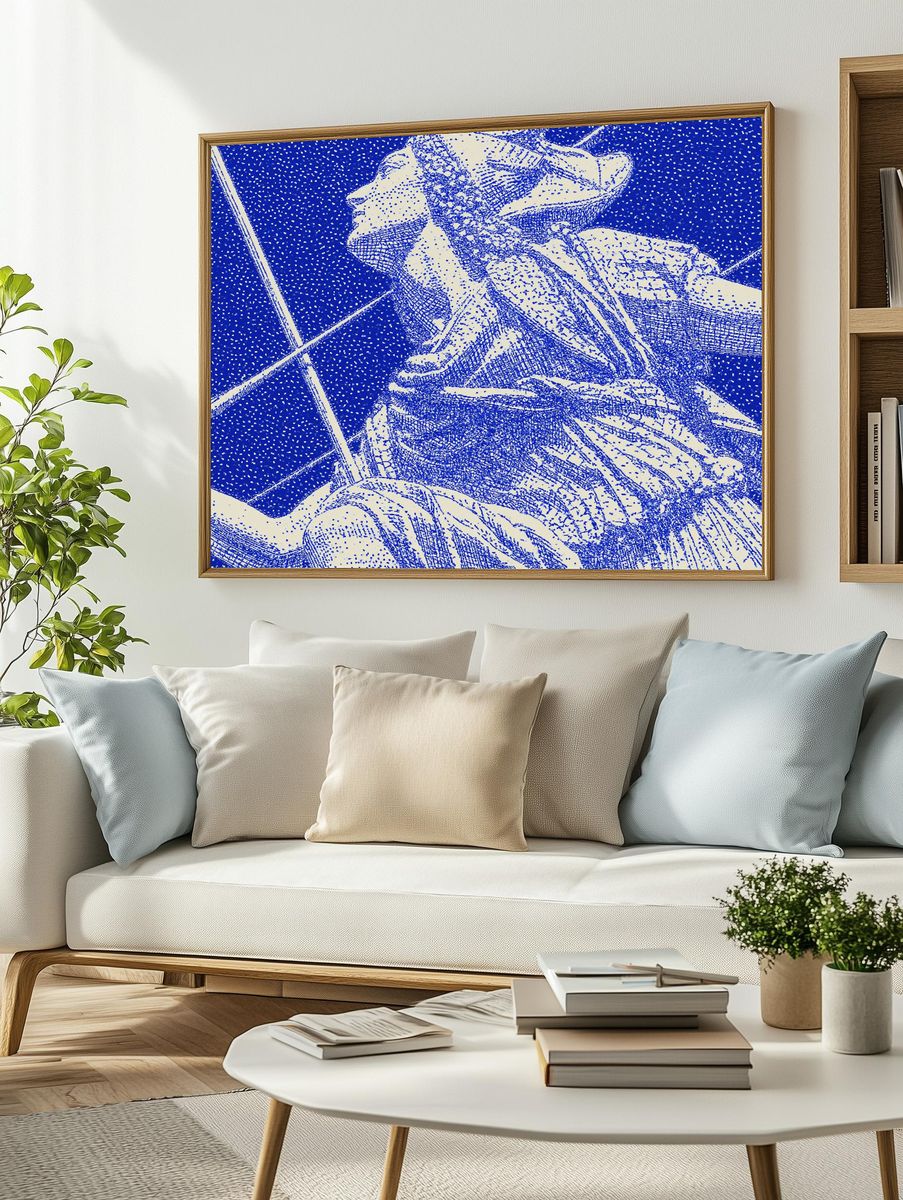 Blue Floral Halftone Illustration Poster. — room view 2