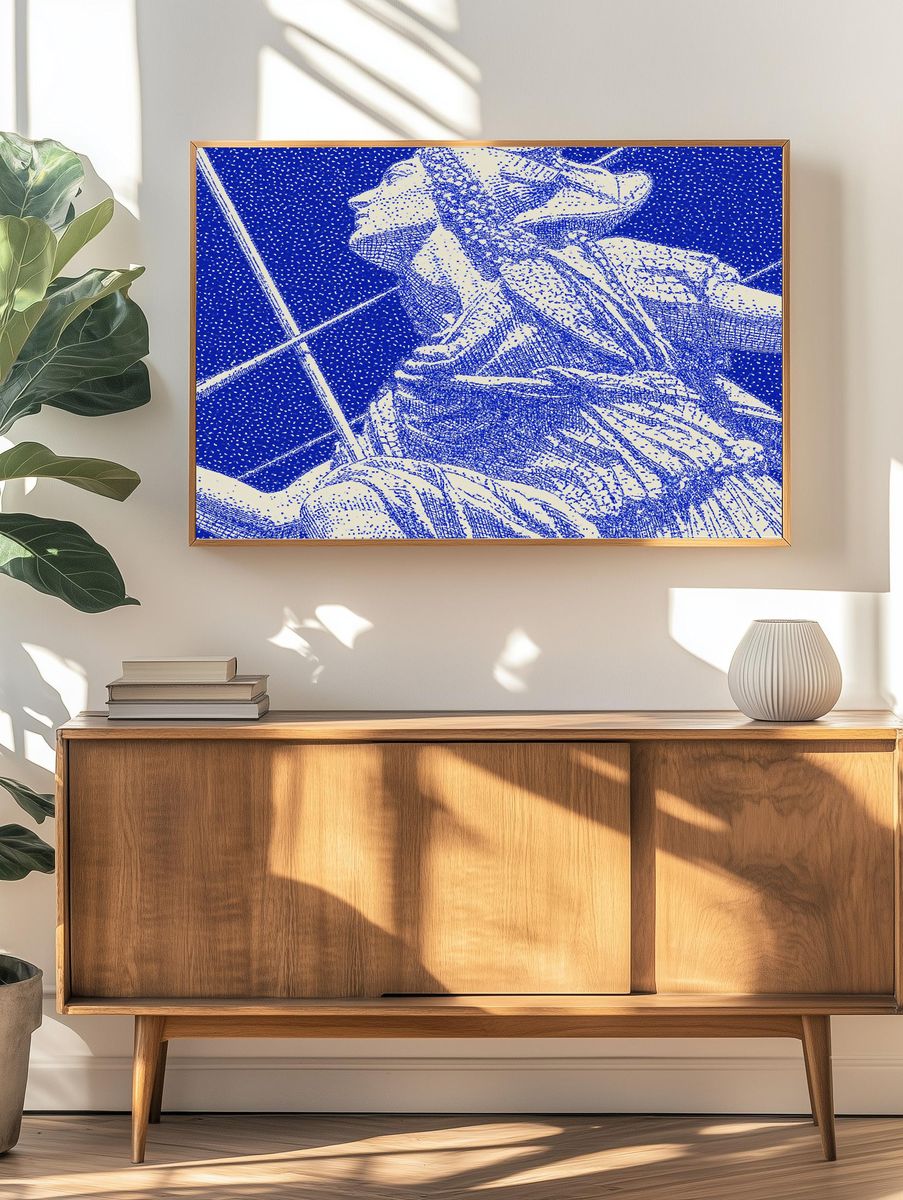 Blue Floral Halftone Illustration Poster. — room view 3