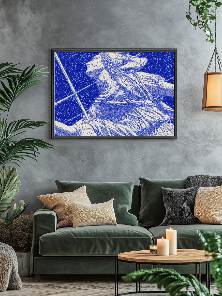 Blue Floral Halftone Illustration Poster. — room view 4
