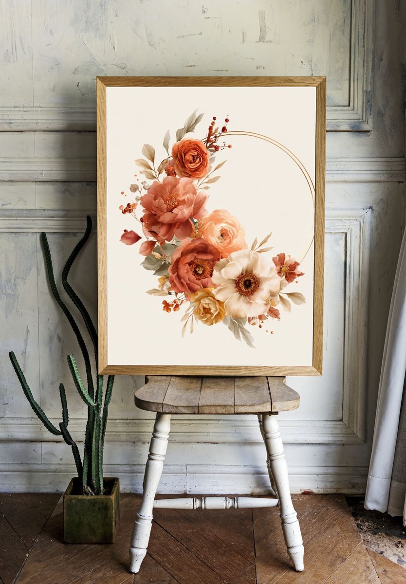 Peach Floral Wreath Print. room preview
