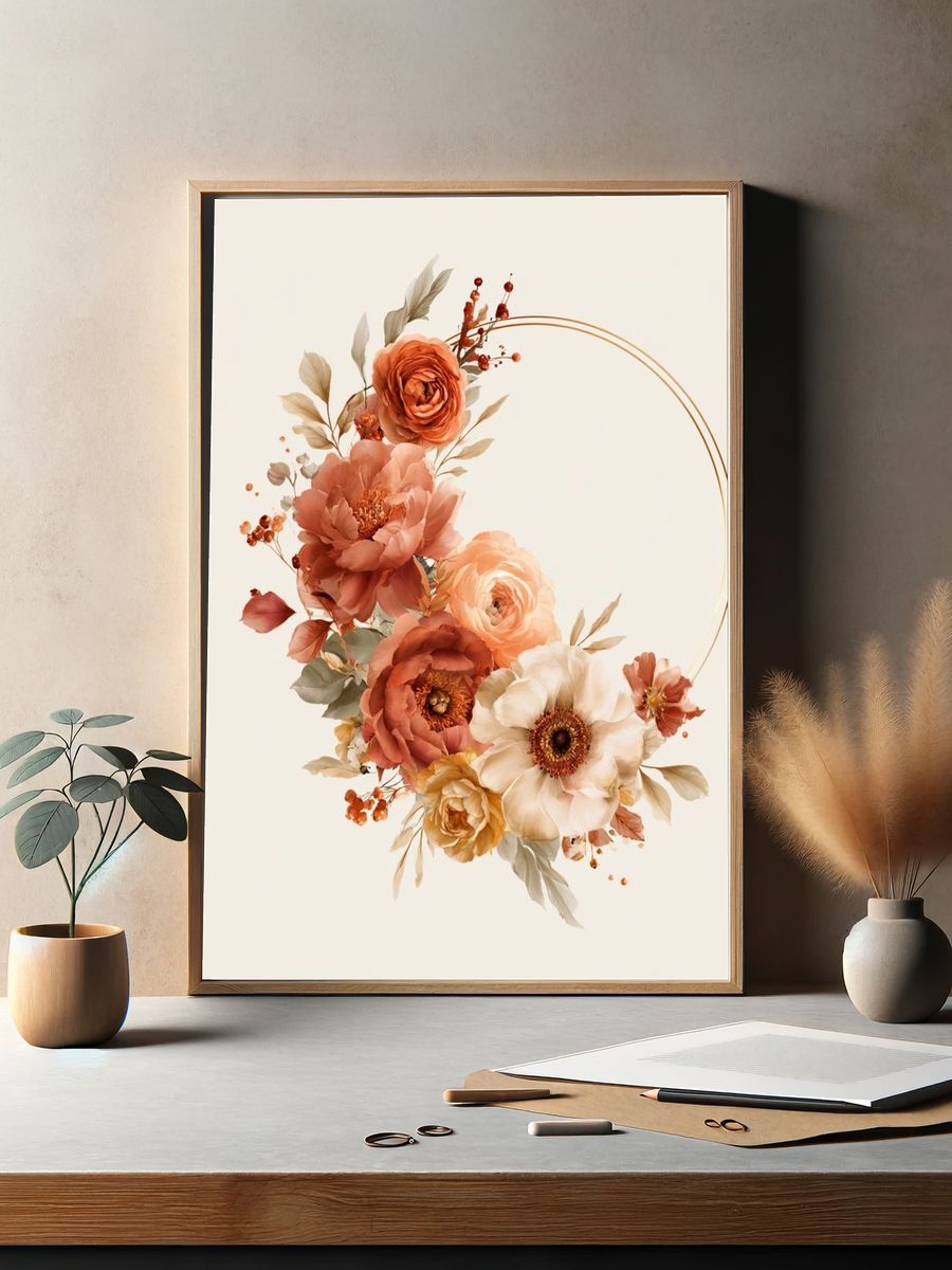 Peach Floral Wreath Print. — room view 2