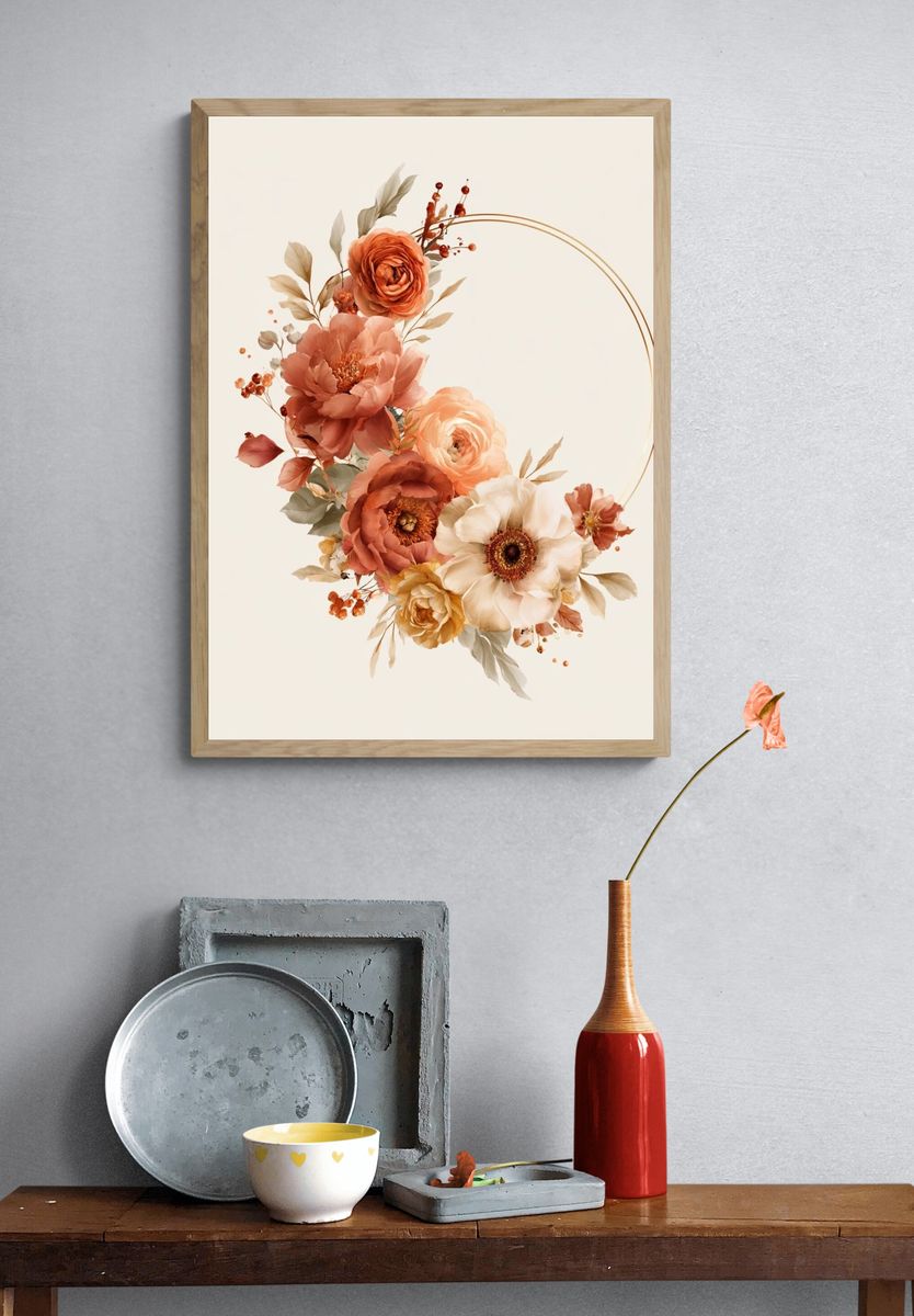 Peach Floral Wreath Print. — room view 3