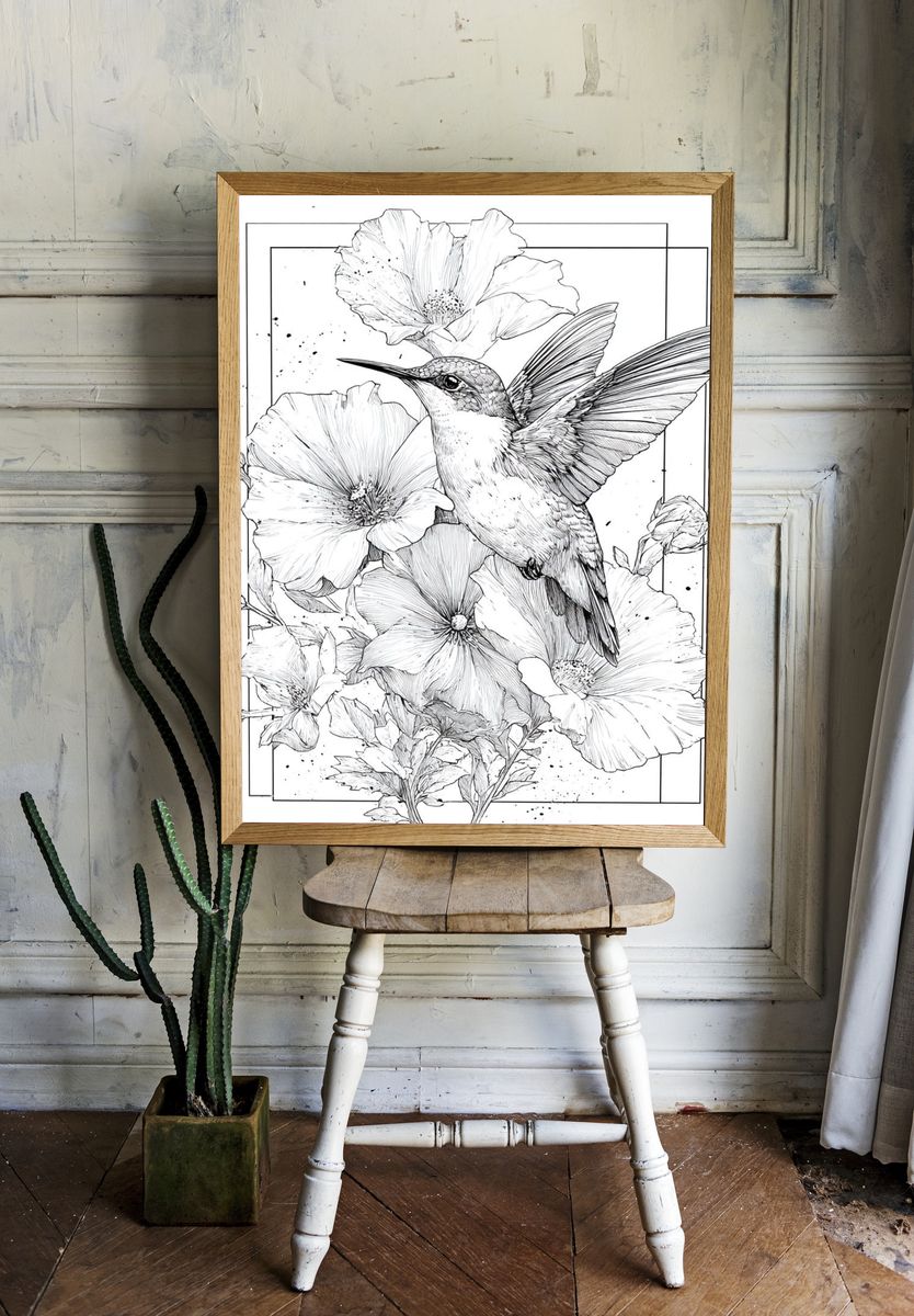Hummingbird and Hibiscus Botanical Print. room preview