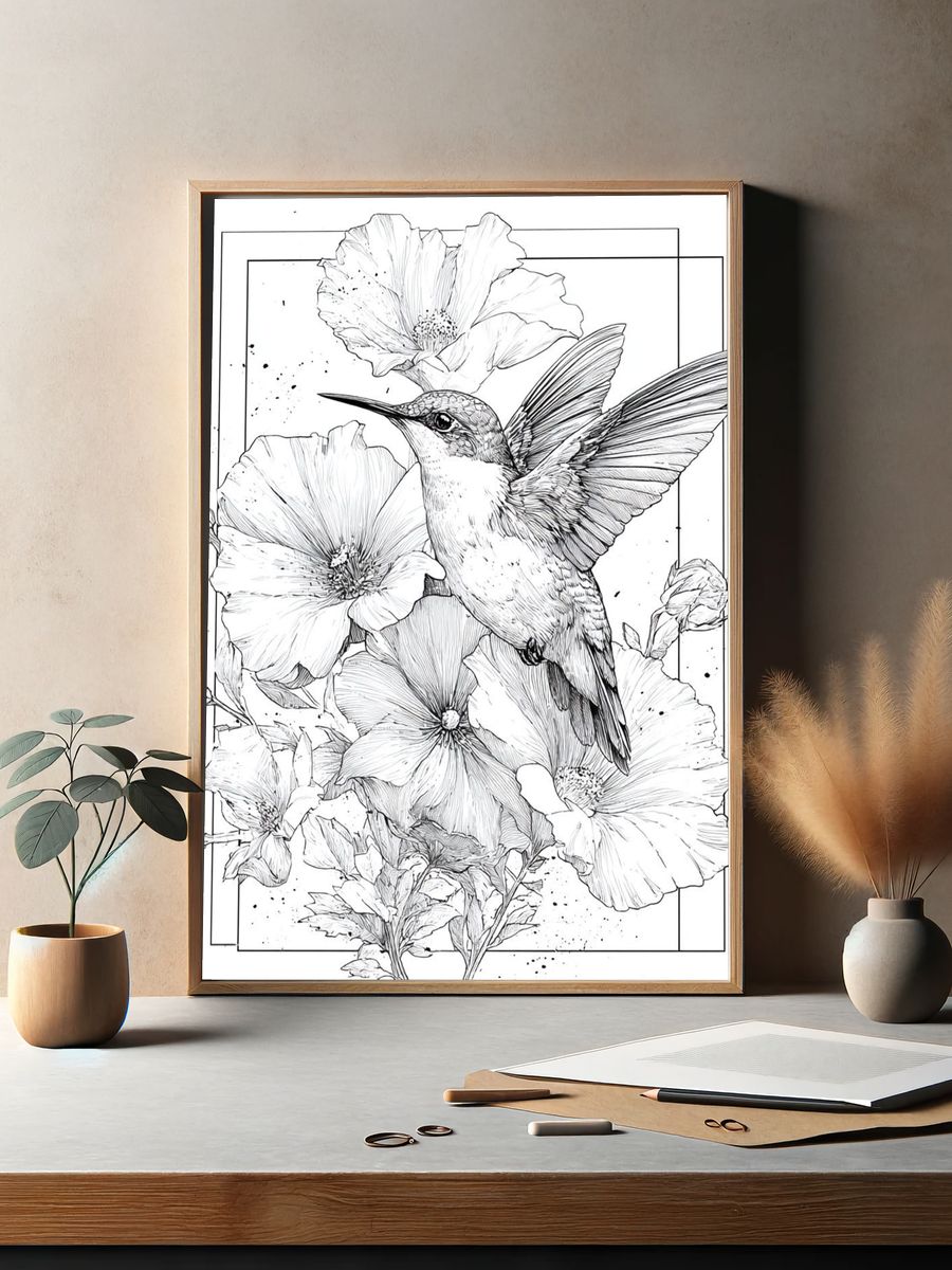 Hummingbird and Hibiscus Botanical Print. — room view 2