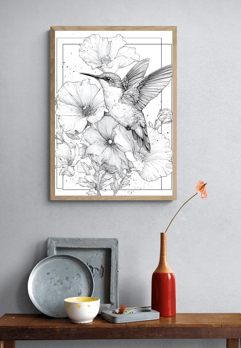 Hummingbird and Hibiscus Botanical Print. — room view 3