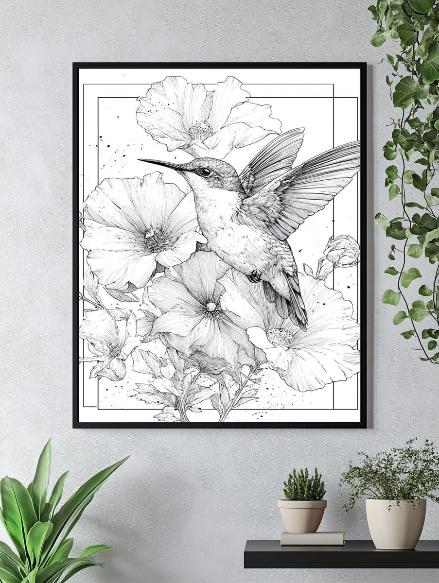 Hummingbird and Hibiscus Botanical Print. — room view 4