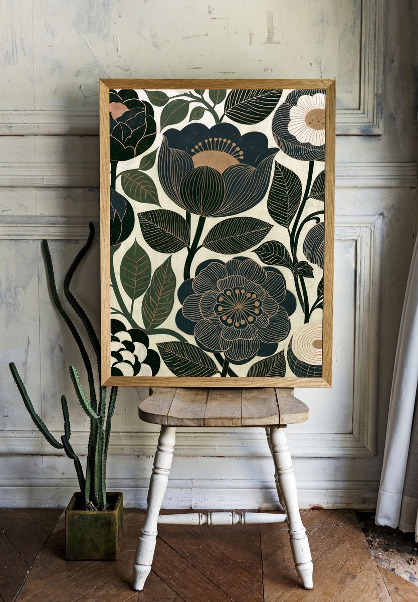 Dark Floral Botanical Poster. — room view 1