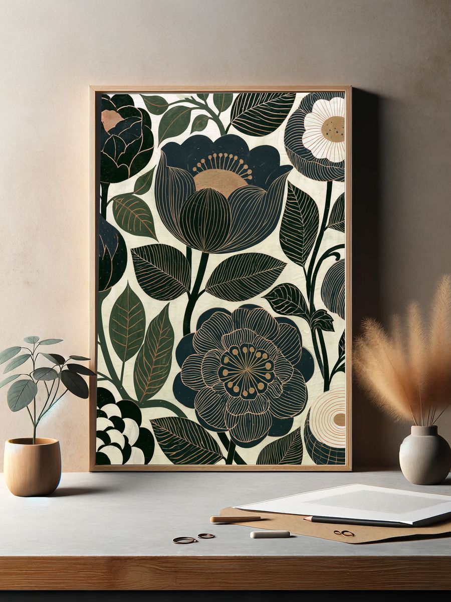 Dark Floral Botanical Poster. — room view 2