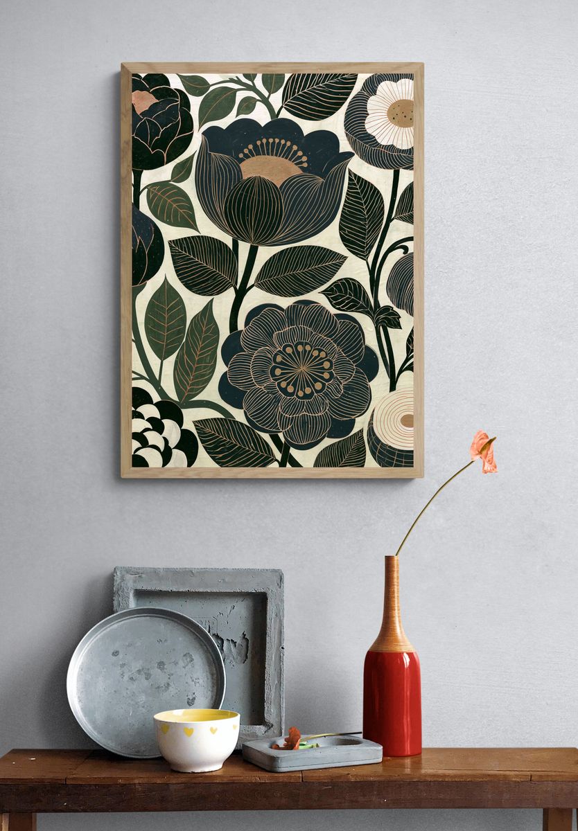 Dark Floral Botanical Poster. — room view 3