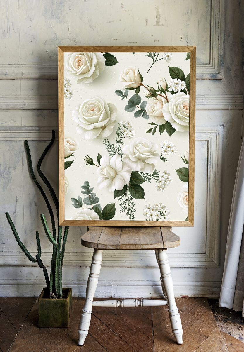 White Roses Botanical Print. room preview