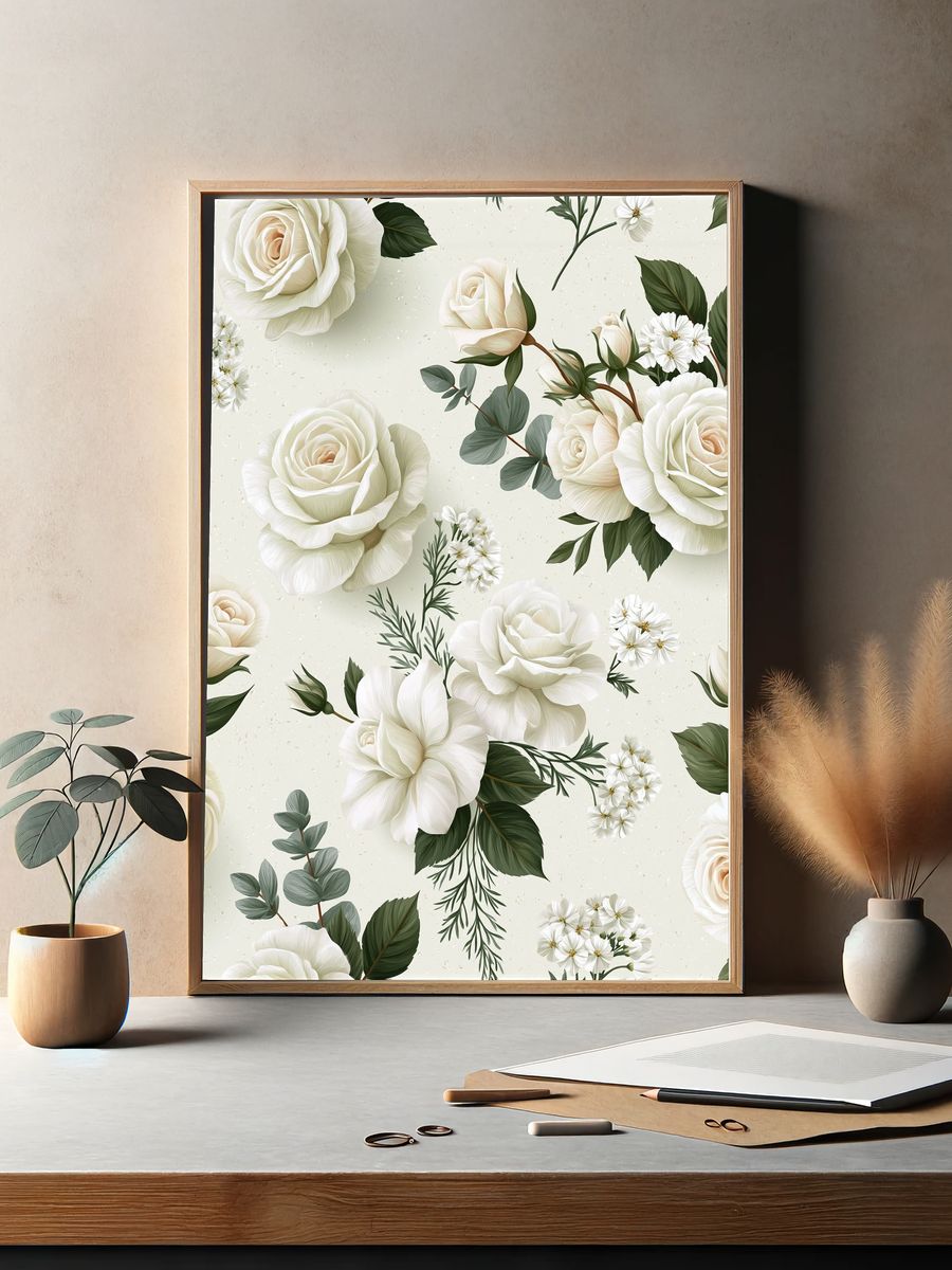 White Roses Botanical Print. — room view 2