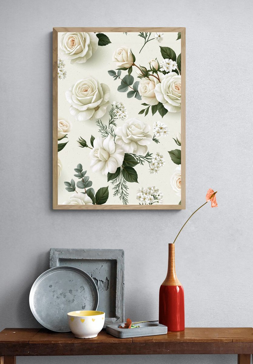 White Roses Botanical Print. — room view 3