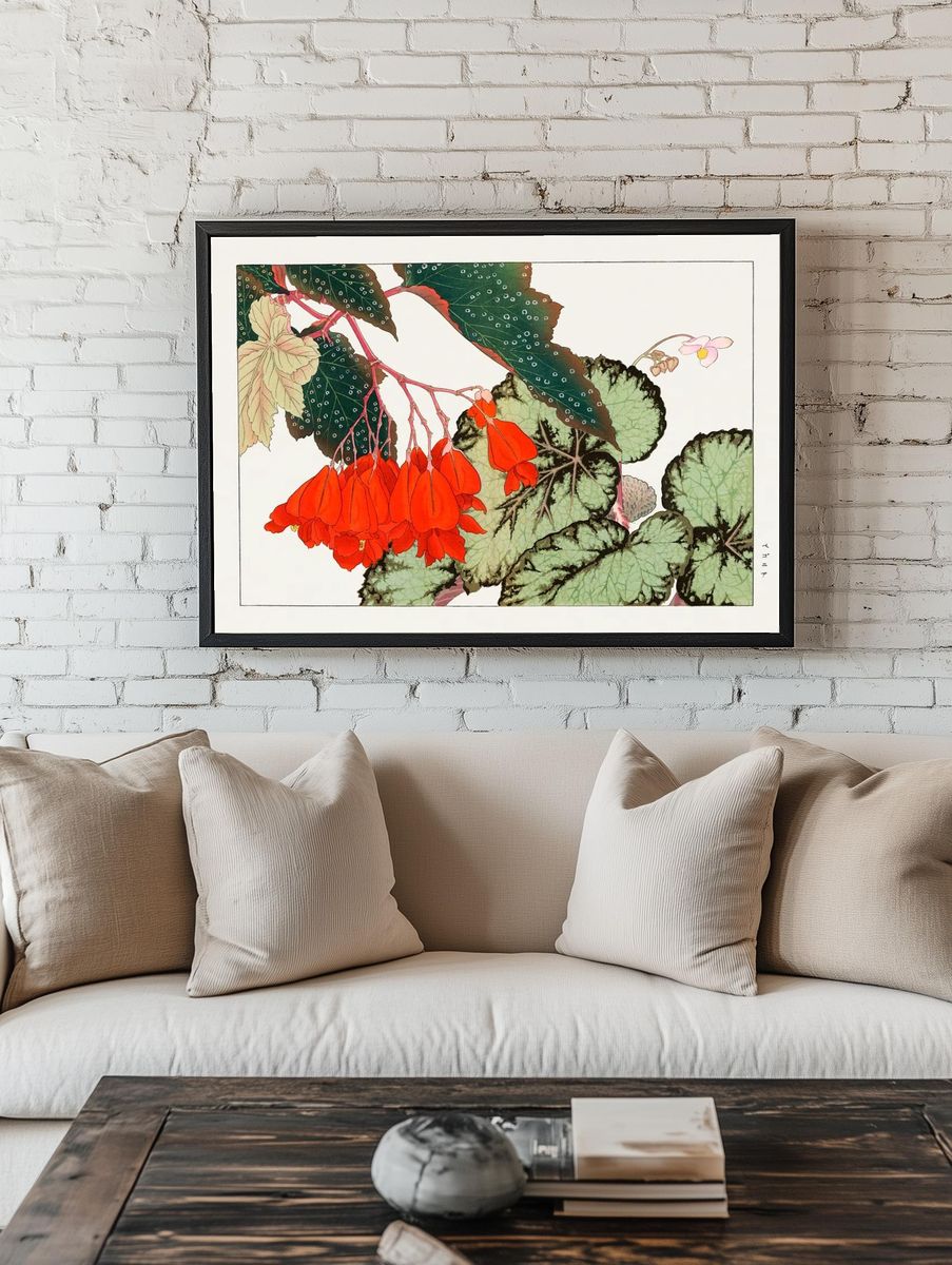 Cracklin Rosie Begonia flower woodblock. room preview
