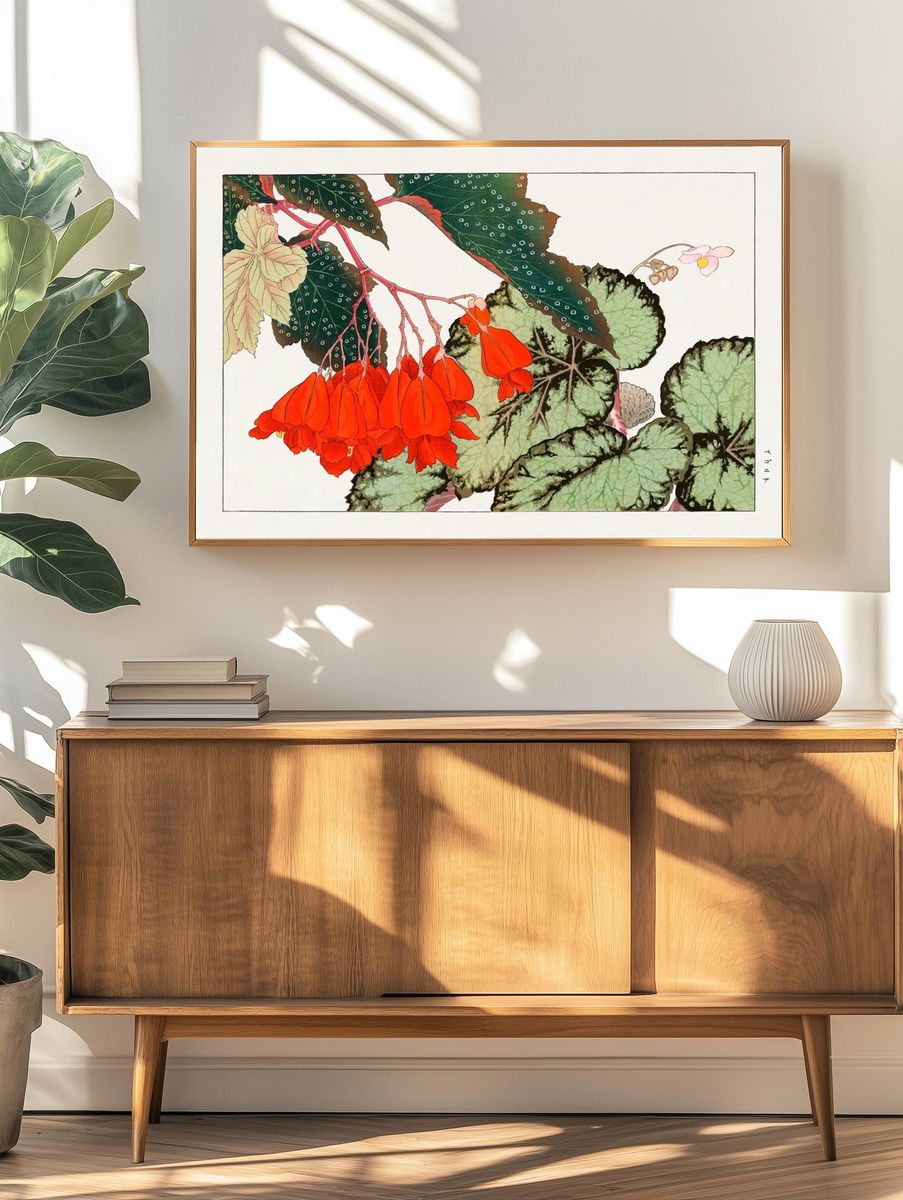 Cracklin Rosie Begonia flower woodblock. — room view 3