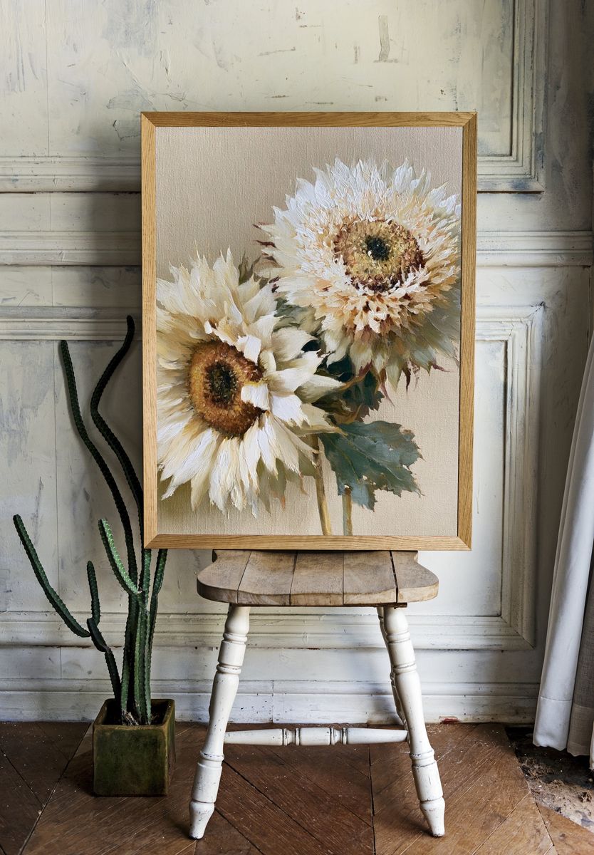 White Sunflowers Botanical Poster. — room view 1