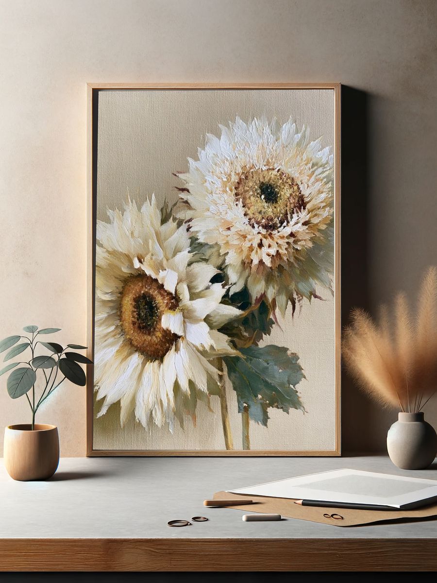 White Sunflowers Botanical Poster. — room view 2