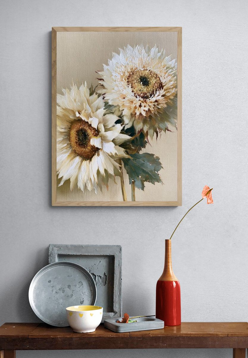 White Sunflowers Botanical Poster. — room view 3