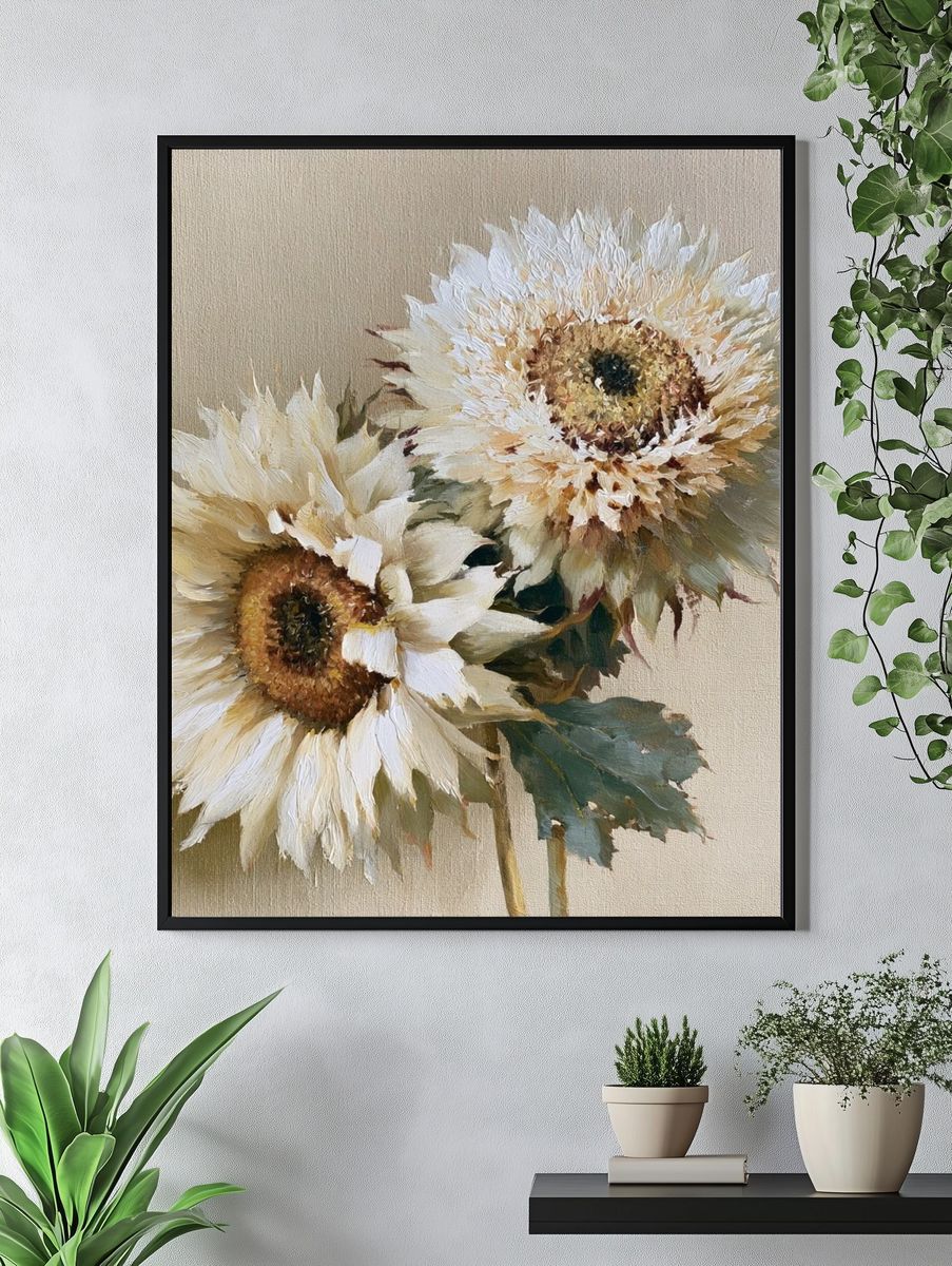 White Sunflowers Botanical Poster. — room view 4